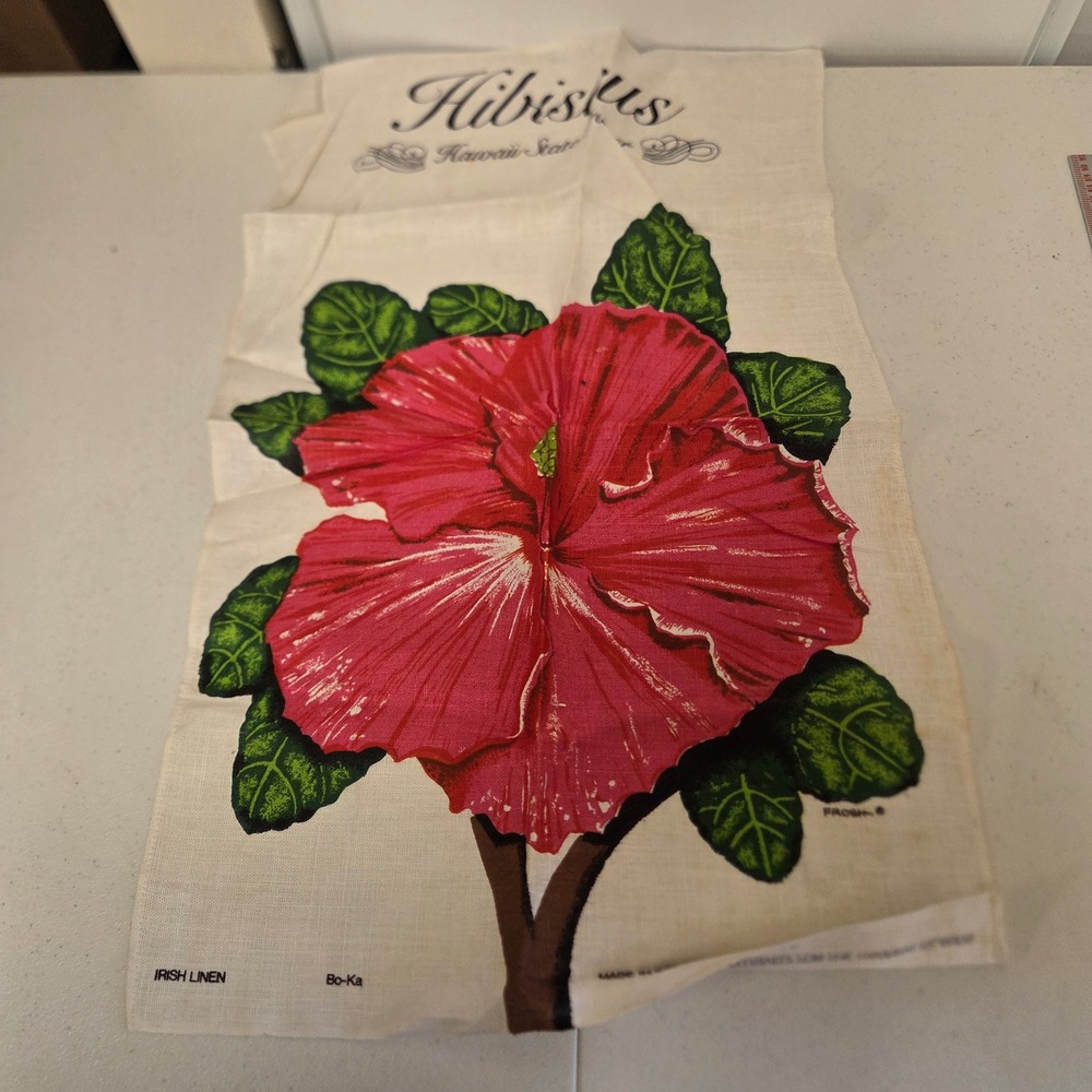 Vintage Bo-Ka Irish Linen Hawaii State Flower Hibiscus Tea Towel Made in Ireland